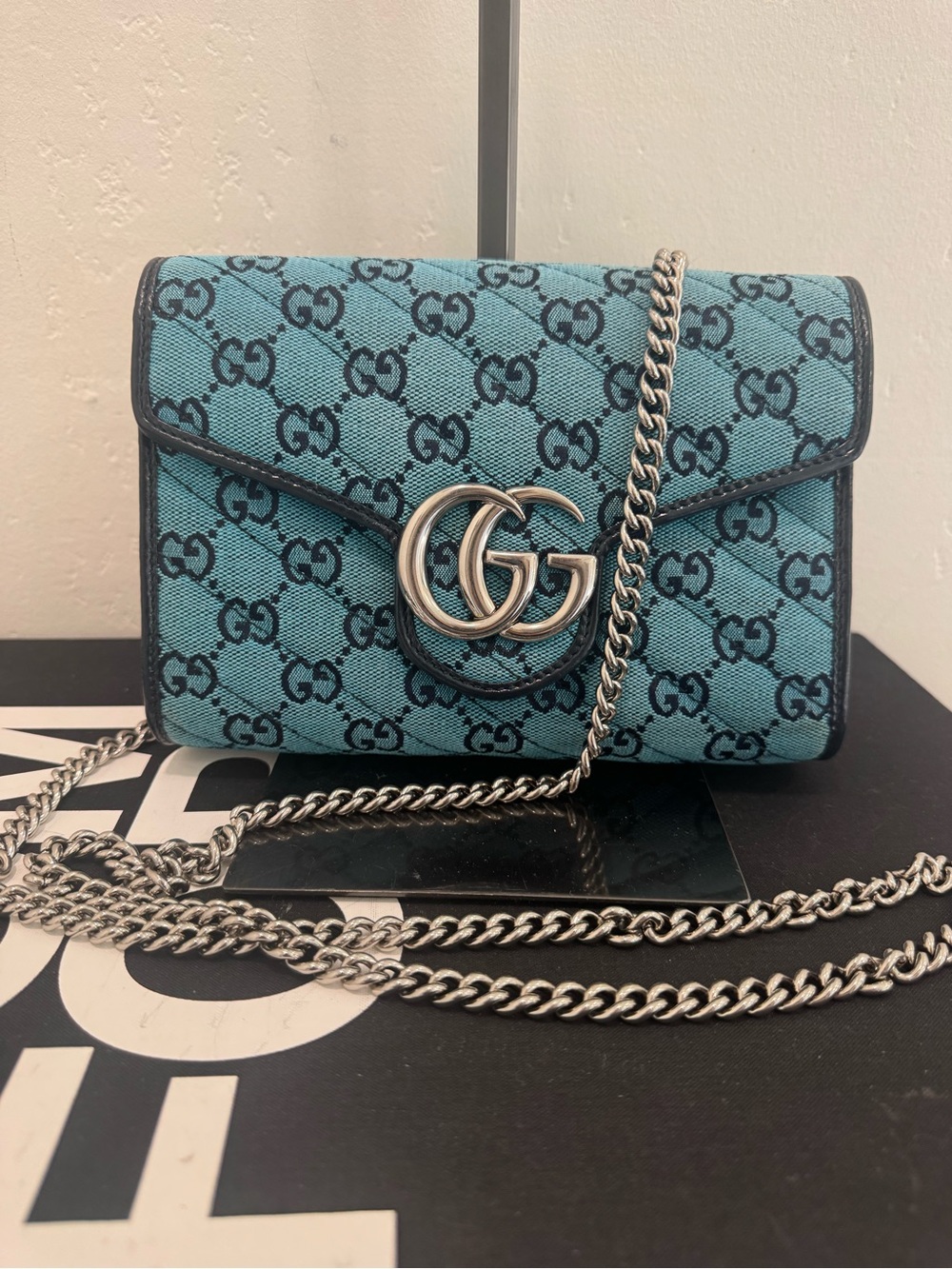 Gucci GG Marmont Canvas Chain Shoulder Bag in Teal Blue